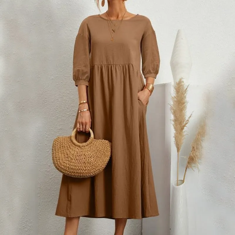 Solid Color Lantern Sleeve Loose Cotton Linen Dress