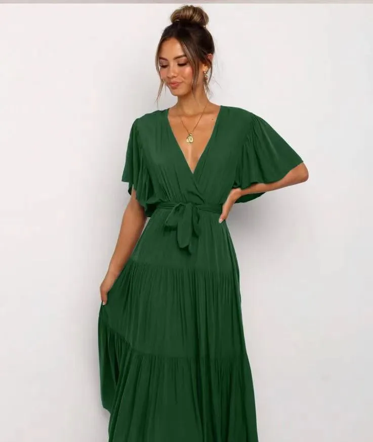 Solid Split Joint With Belt V Neck Cake Skirt Dresses
