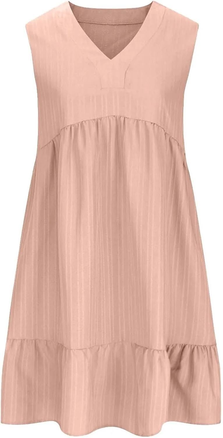 Summer Dresses for Women 2025 Sleeveless V Neck Knee Length Patchwork Pleated Ruffle Flowy Beach Sundresses