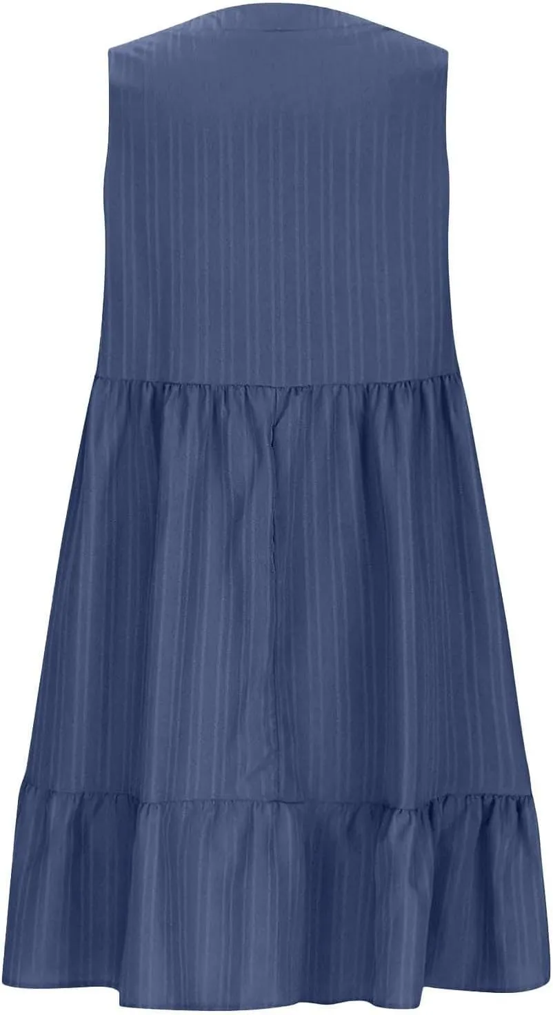 Summer Dresses for Women 2025 Sleeveless V Neck Knee Length Patchwork Pleated Ruffle Flowy Beach Sundresses
