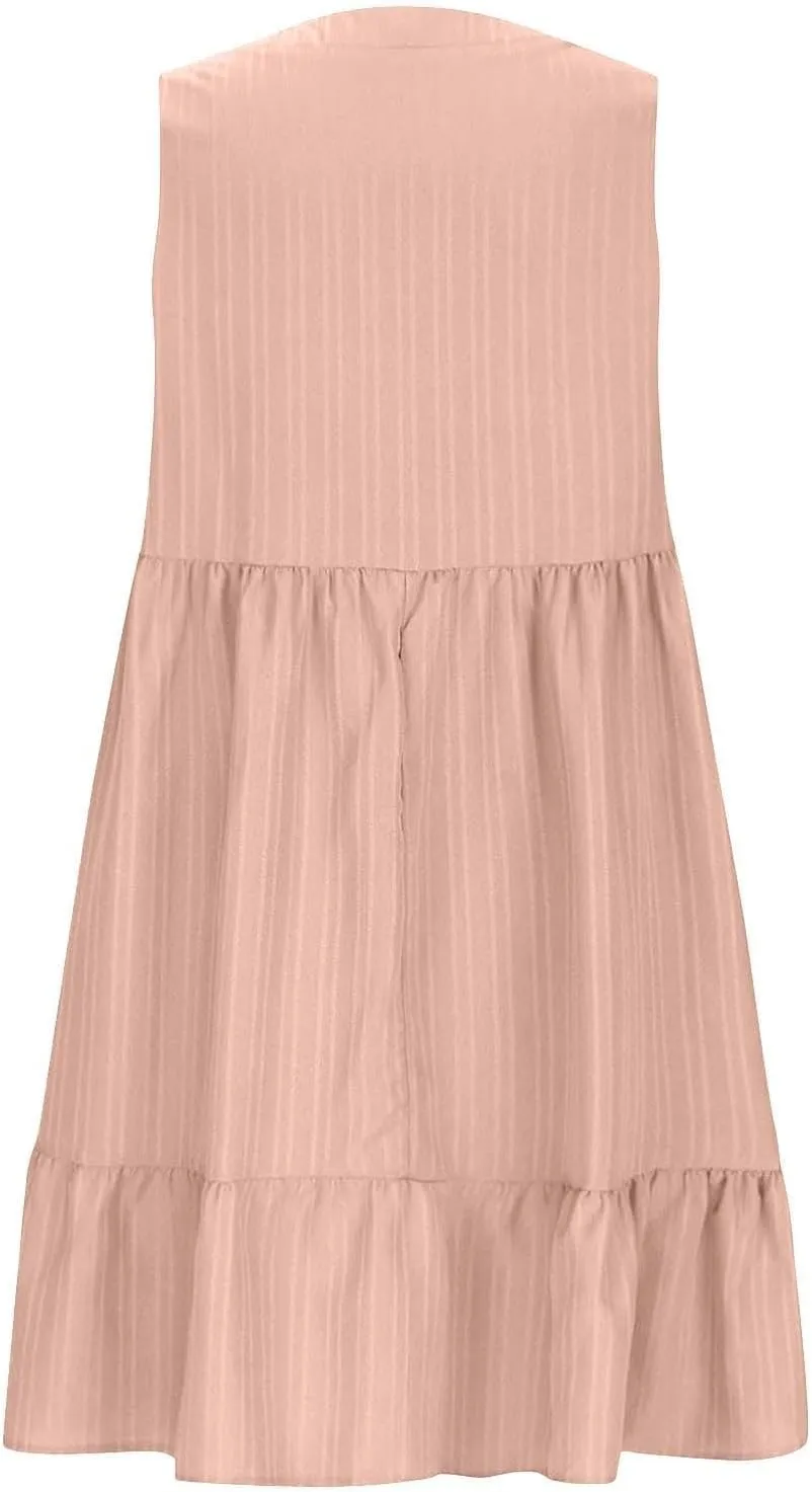 Summer Dresses for Women 2025 Sleeveless V Neck Knee Length Patchwork Pleated Ruffle Flowy Beach Sundresses