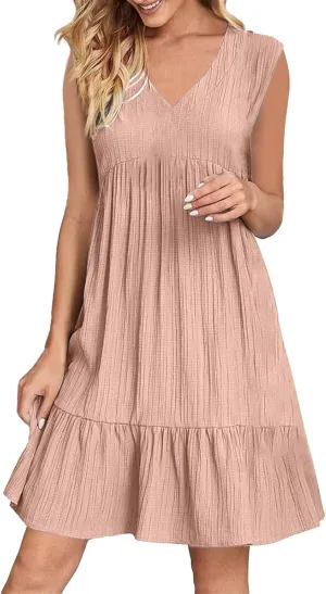 Summer Dresses for Women 2025 Sleeveless V Neck Knee Length Patchwork Pleated Ruffle Flowy Beach Sundresses