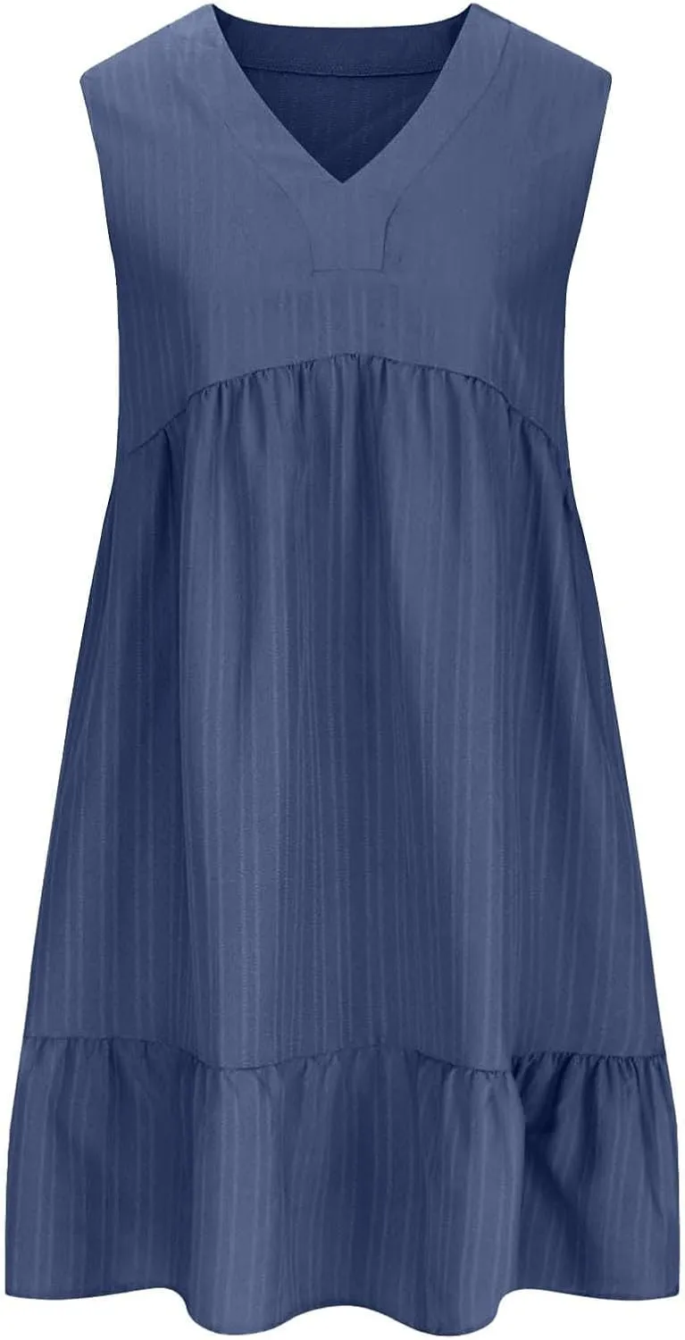 Summer Dresses for Women 2025 Sleeveless V Neck Knee Length Patchwork Pleated Ruffle Flowy Beach Sundresses