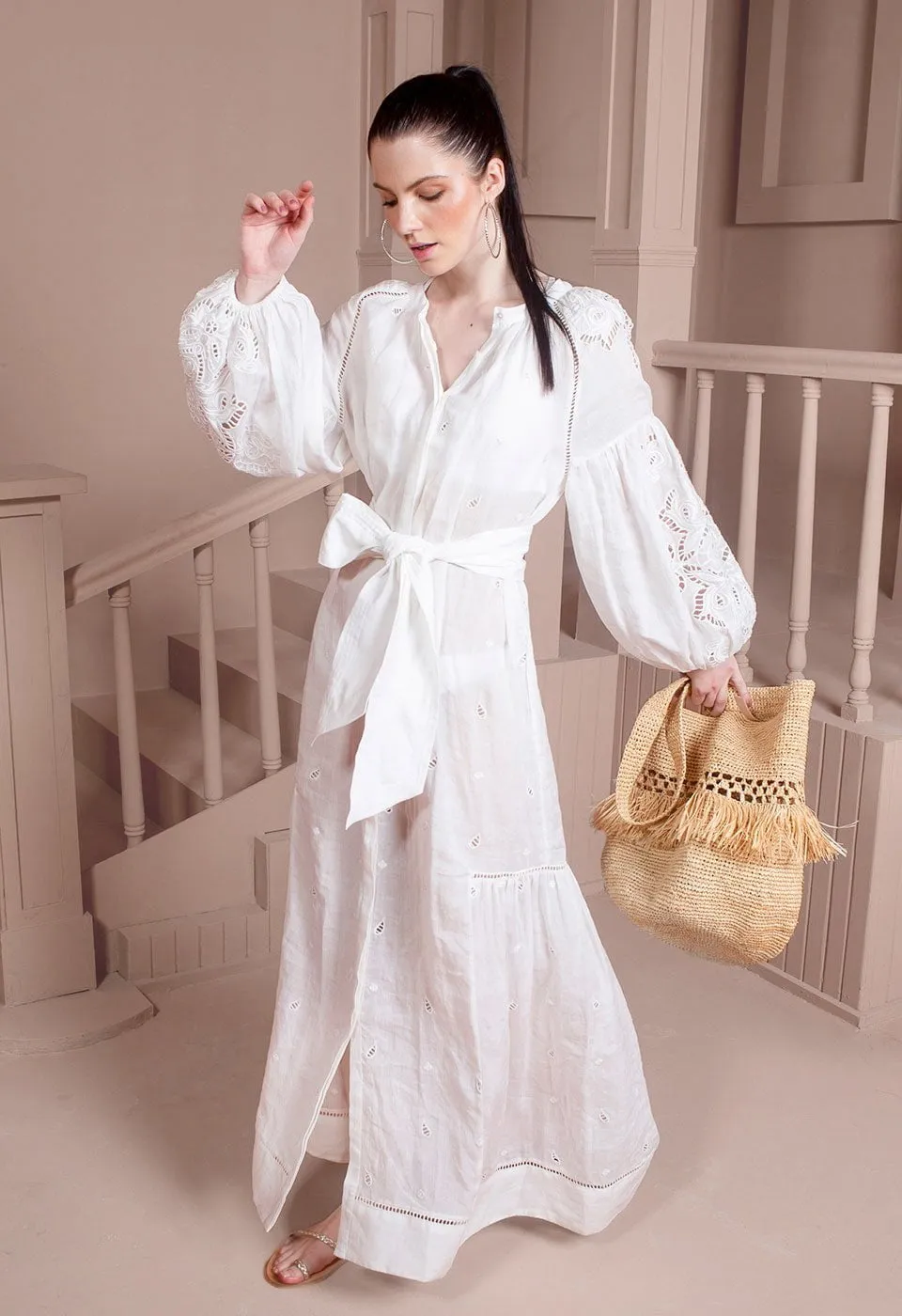 Sunshine Babe Embroidered Ramie Full Sleeve Long Shirtdress Simply White