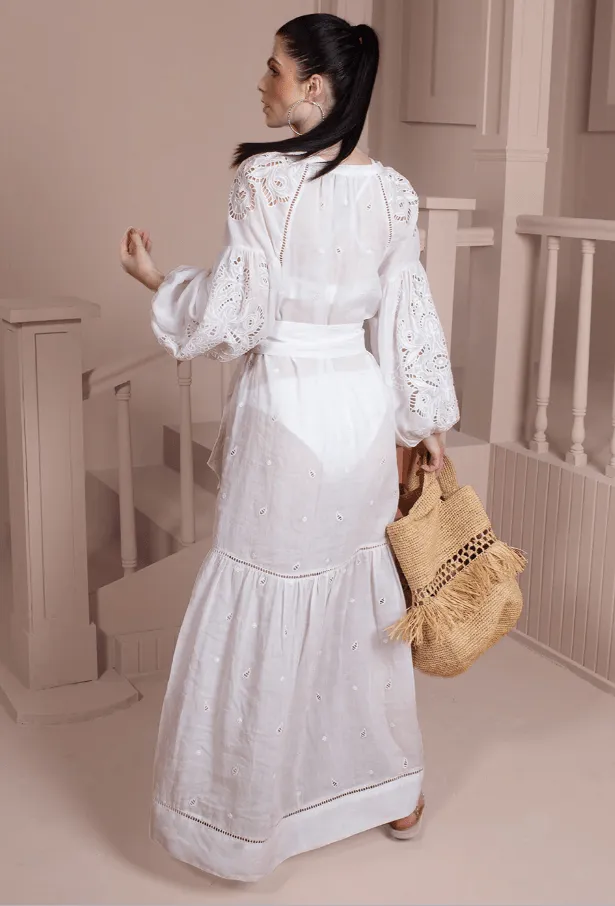 Sunshine Babe Embroidered Ramie Full Sleeve Long Shirtdress Simply White