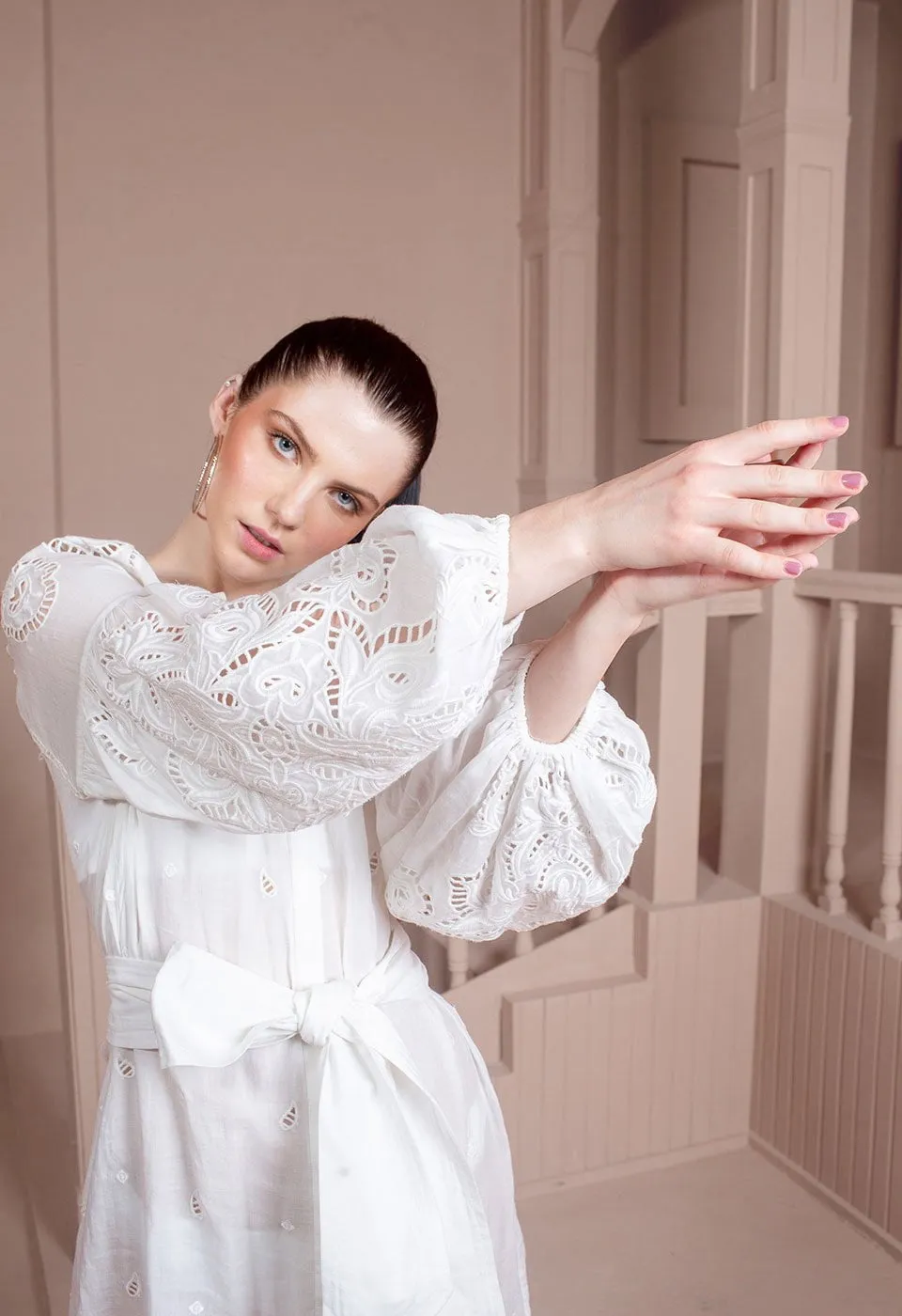 Sunshine Babe Embroidered Ramie Full Sleeve Long Shirtdress Simply White