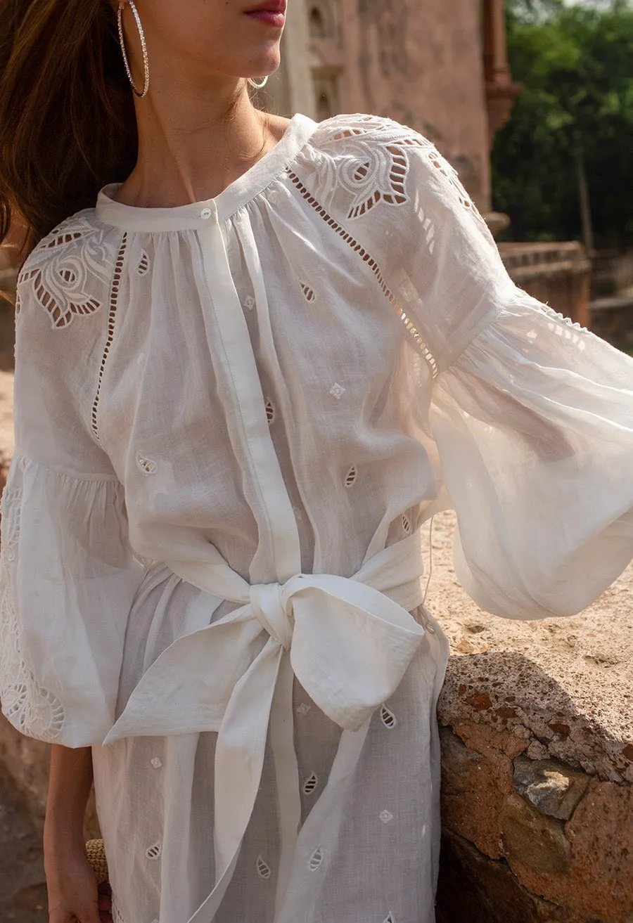 Sunshine Babe Embroidered Ramie Full Sleeve Long Shirtdress Simply White