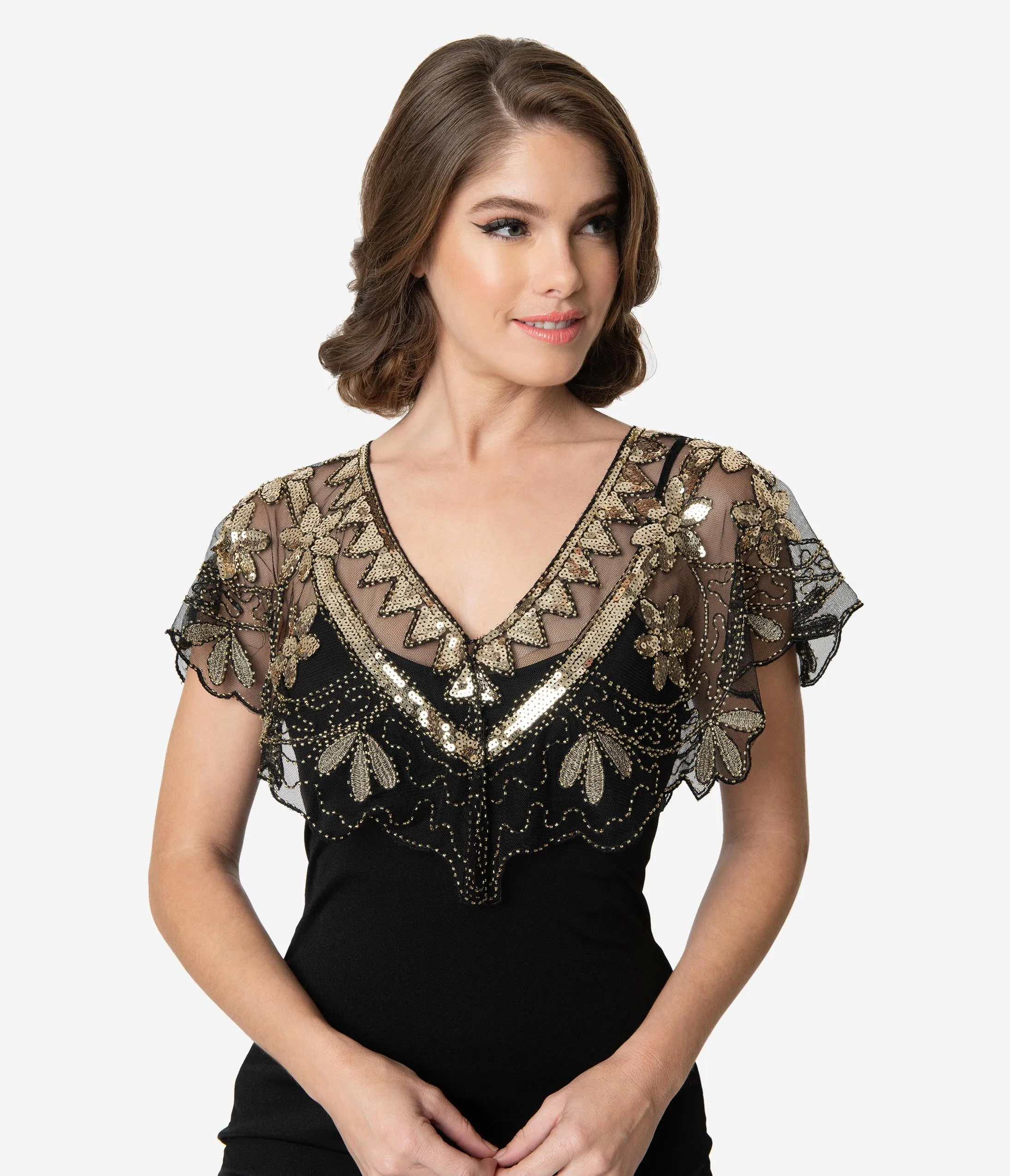 Unique Vintage 1920s Black Mesh & Golden Sequin Beaded Capelet