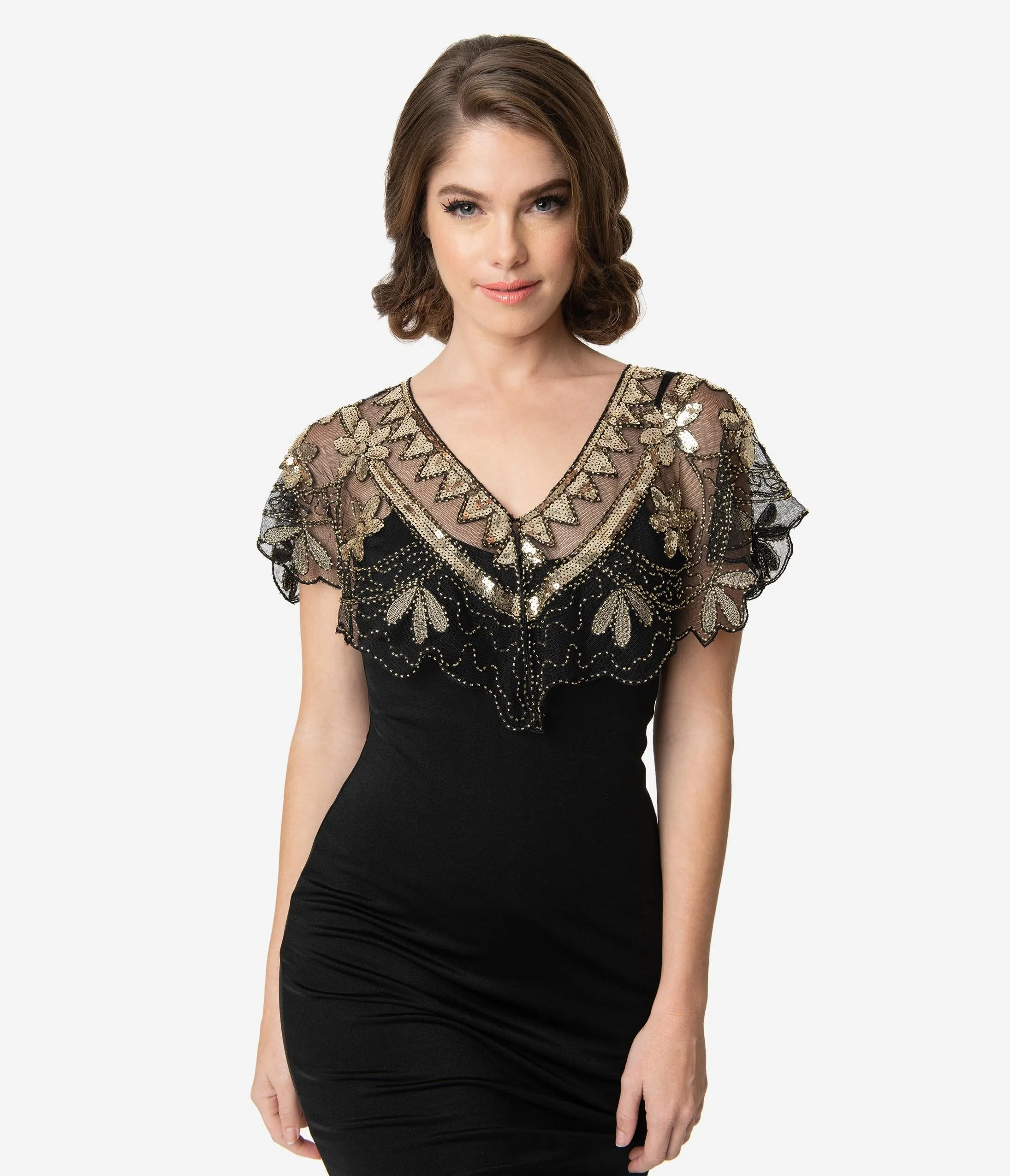 Unique Vintage 1920s Black Mesh & Golden Sequin Beaded Capelet