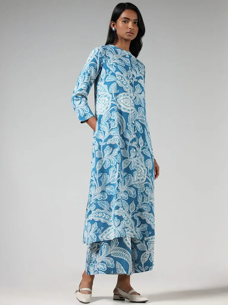 Utsa Blue Floral Printed Buttondown Kurta