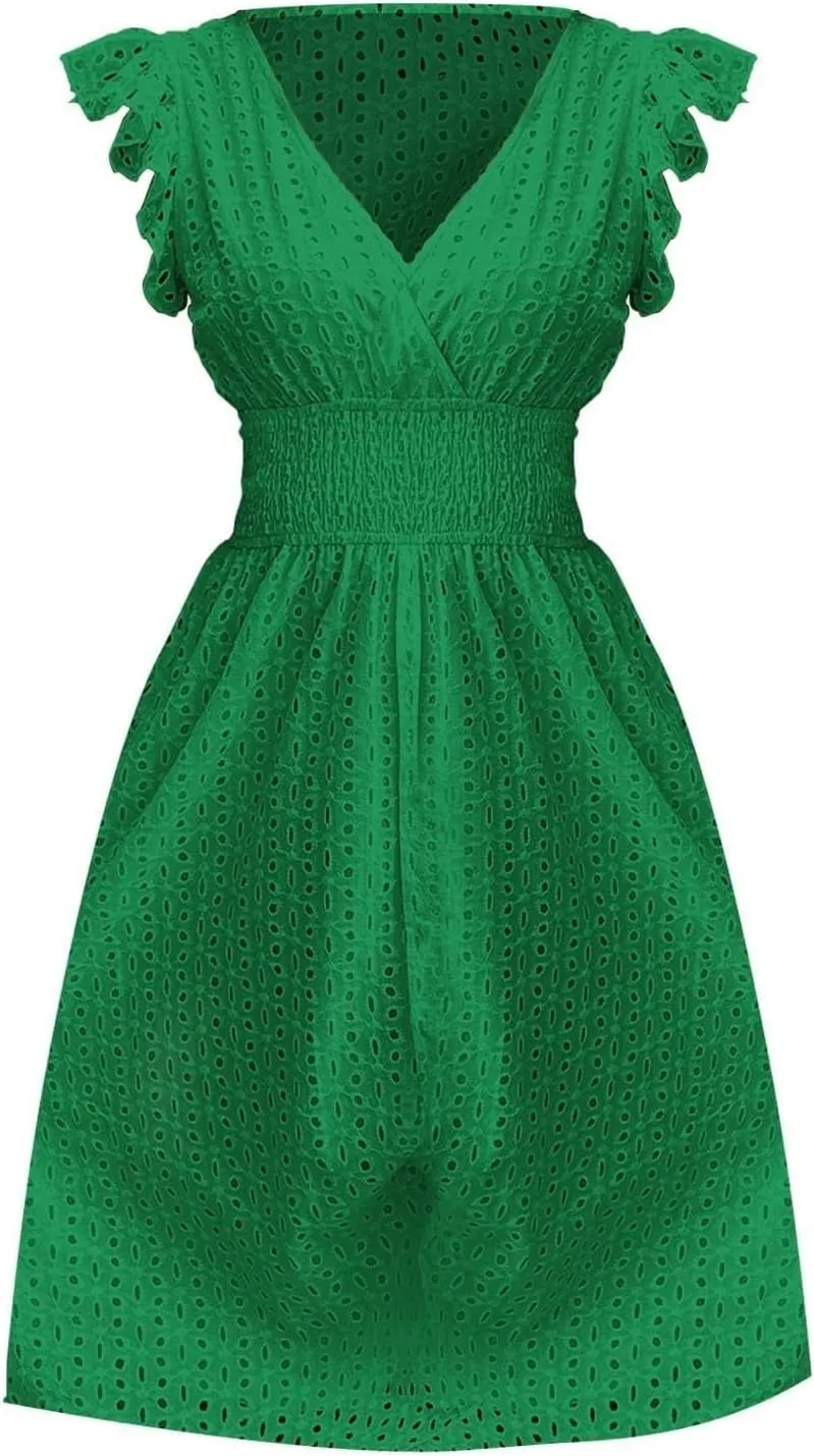 Vacation Dresses for Women 2025 Ruffle Sleeve V Neck Eyelet Lace Embroidery Midi Dress Smocked Empire Waist A Line Dress