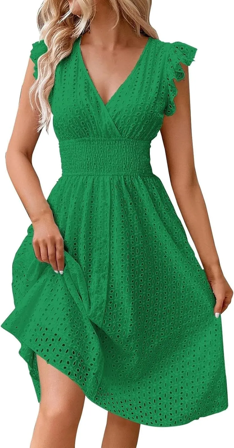 Vacation Dresses for Women 2025 Ruffle Sleeve V Neck Eyelet Lace Embroidery Midi Dress Smocked Empire Waist A Line Dress