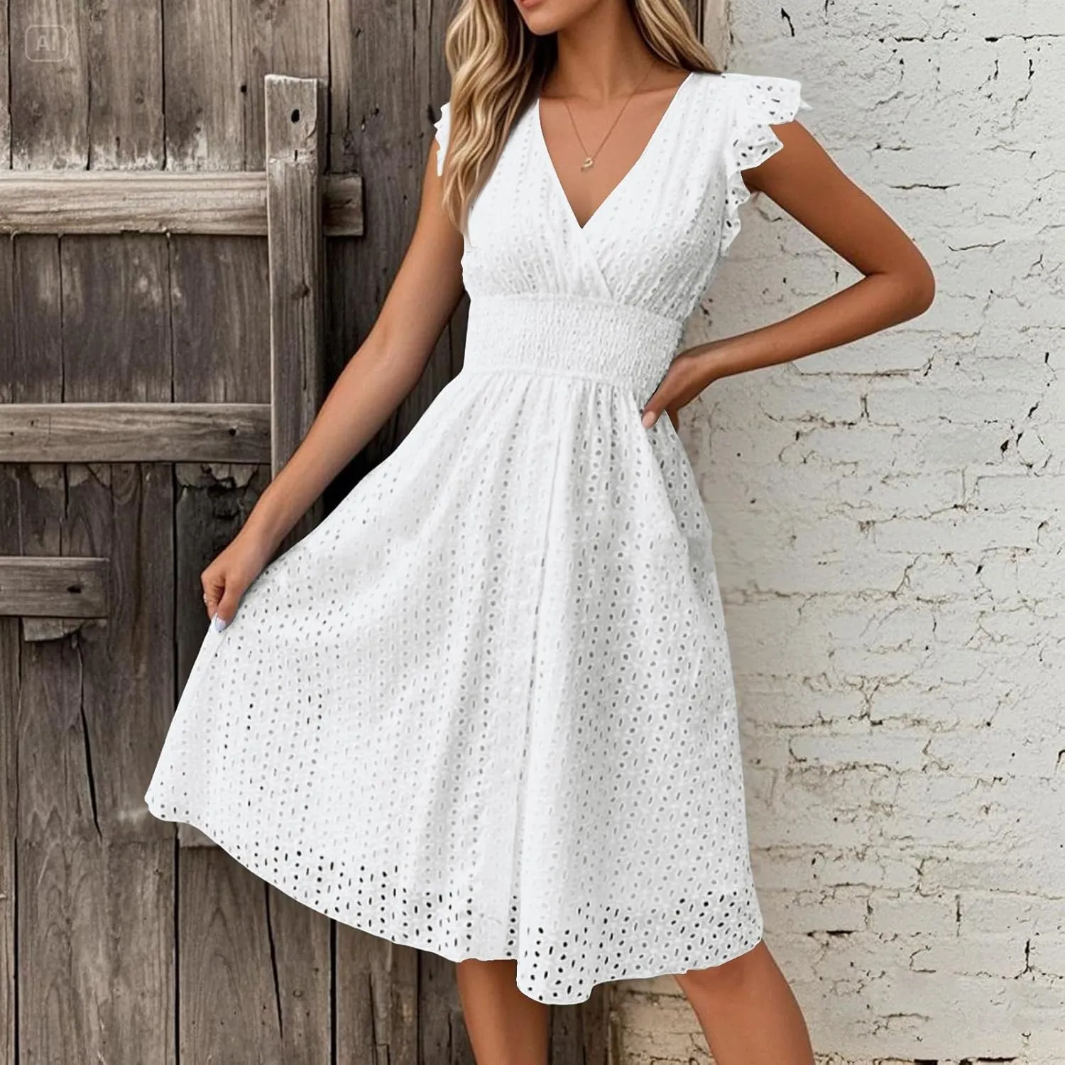 Vacation Dresses for Women 2025 Ruffle Sleeve V Neck Eyelet Lace Embroidery Midi Dress Smocked Empire Waist A Line Dress
