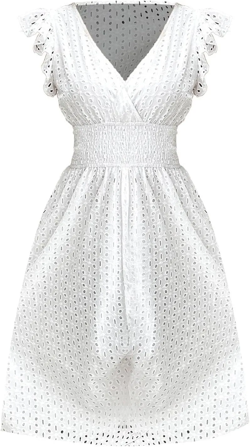 Vacation Dresses for Women 2025 Ruffle Sleeve V Neck Eyelet Lace Embroidery Midi Dress Smocked Empire Waist A Line Dress