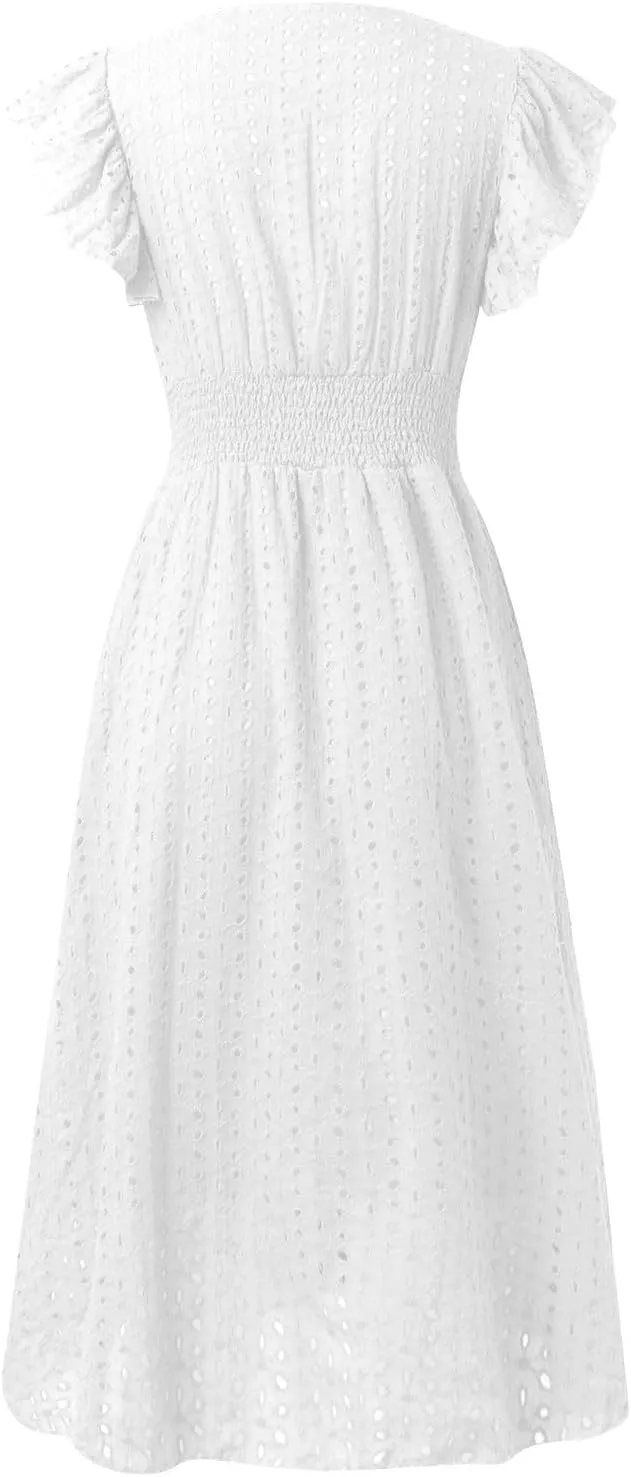 Vacation Dresses for Women 2025 Ruffle Sleeve V Neck Eyelet Lace Embroidery Midi Dress Smocked Empire Waist A Line Dress