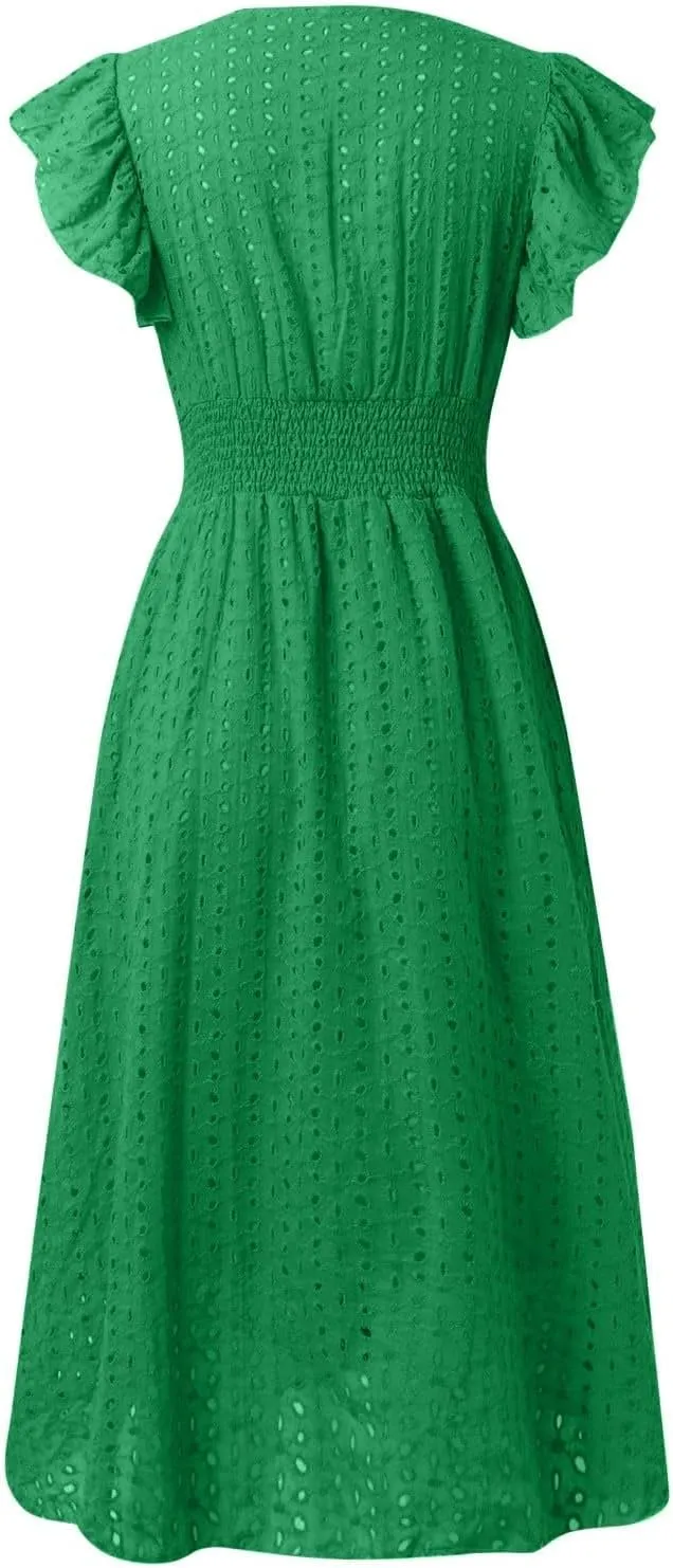 Vacation Dresses for Women 2025 Ruffle Sleeve V Neck Eyelet Lace Embroidery Midi Dress Smocked Empire Waist A Line Dress