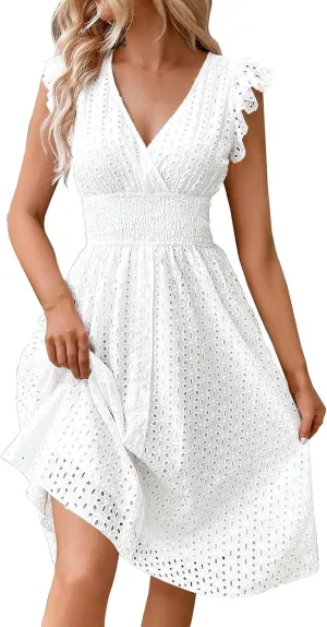 Vacation Dresses for Women 2025 Ruffle Sleeve V Neck Eyelet Lace Embroidery Midi Dress Smocked Empire Waist A Line Dress