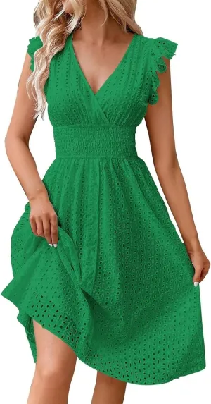 Vacation Dresses for Women 2025 Ruffle Sleeve V Neck Eyelet Lace Embroidery Midi Dress Smocked Empire Waist A Line Dress