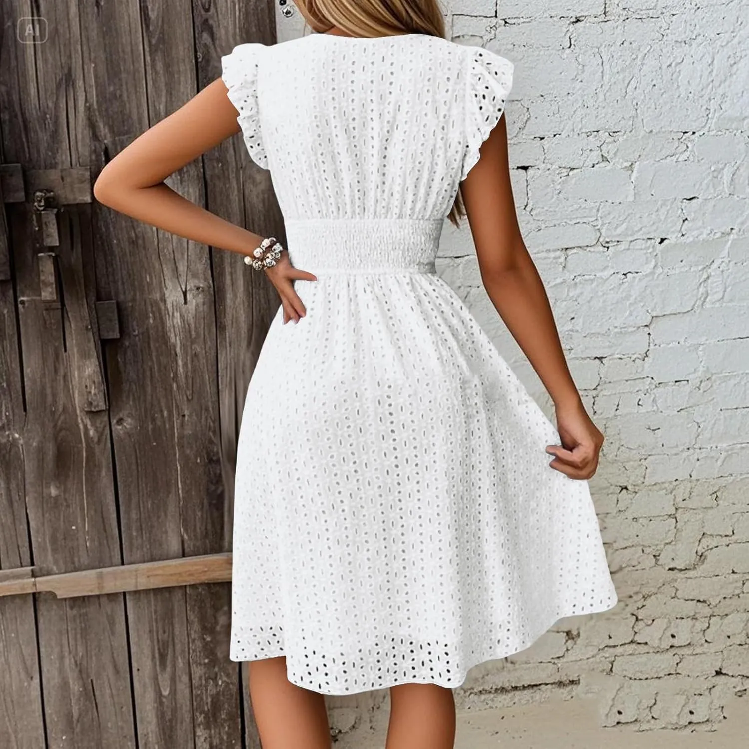 Vacation Dresses for Women 2025 Ruffle Sleeve V Neck Eyelet Lace Embroidery Midi Dress Smocked Empire Waist A Line Dress