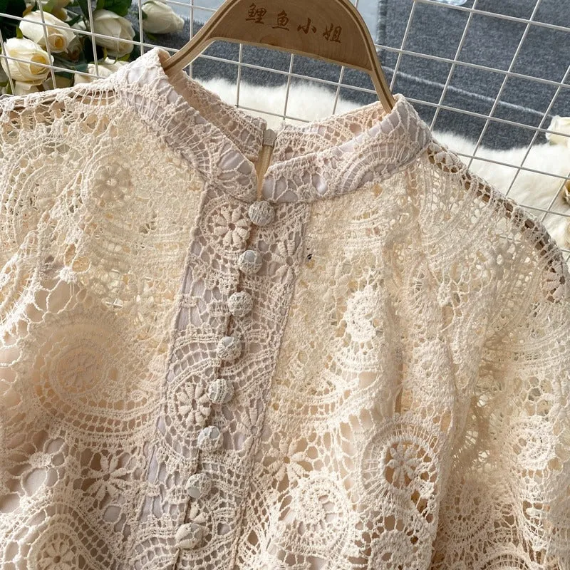 Vintage Hollow Out Floral Paisley Lace Embroidery Pattern Lantern Sleeve Dresses
