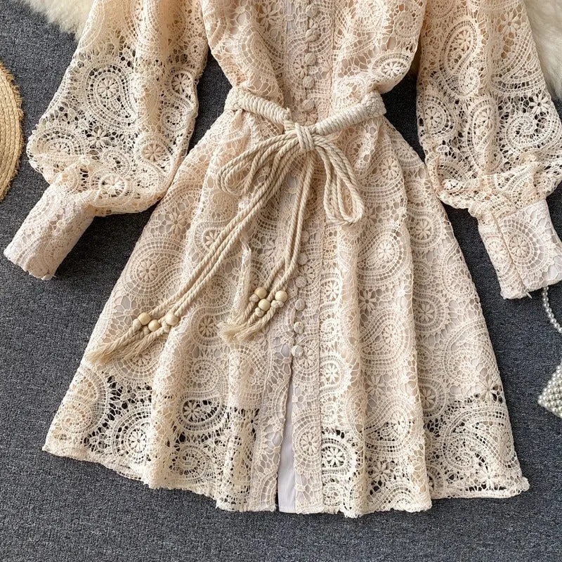Vintage Hollow Out Floral Paisley Lace Embroidery Pattern Lantern Sleeve Dresses