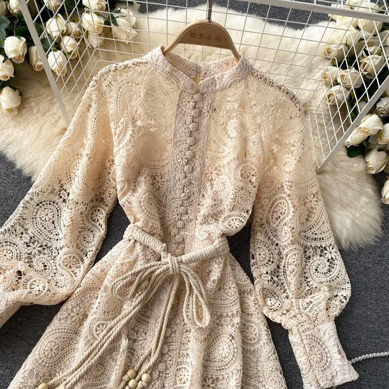 Vintage Hollow Out Floral Paisley Lace Embroidery Pattern Lantern Sleeve Dresses