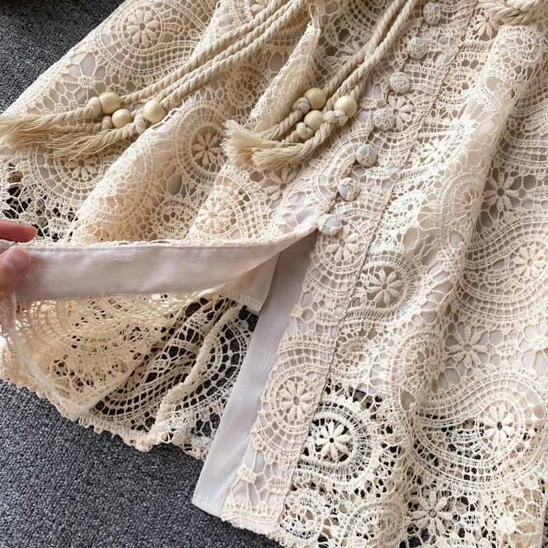 Vintage Hollow Out Floral Paisley Lace Embroidery Pattern Lantern Sleeve Dresses