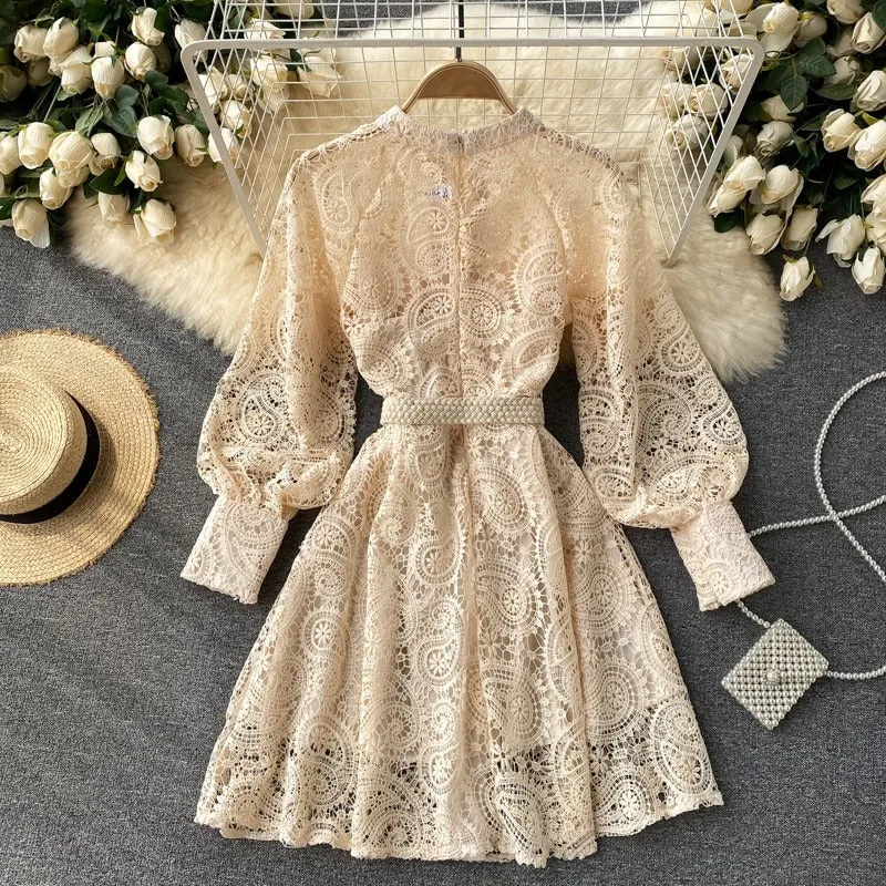Vintage Hollow Out Floral Paisley Lace Embroidery Pattern Lantern Sleeve Dresses