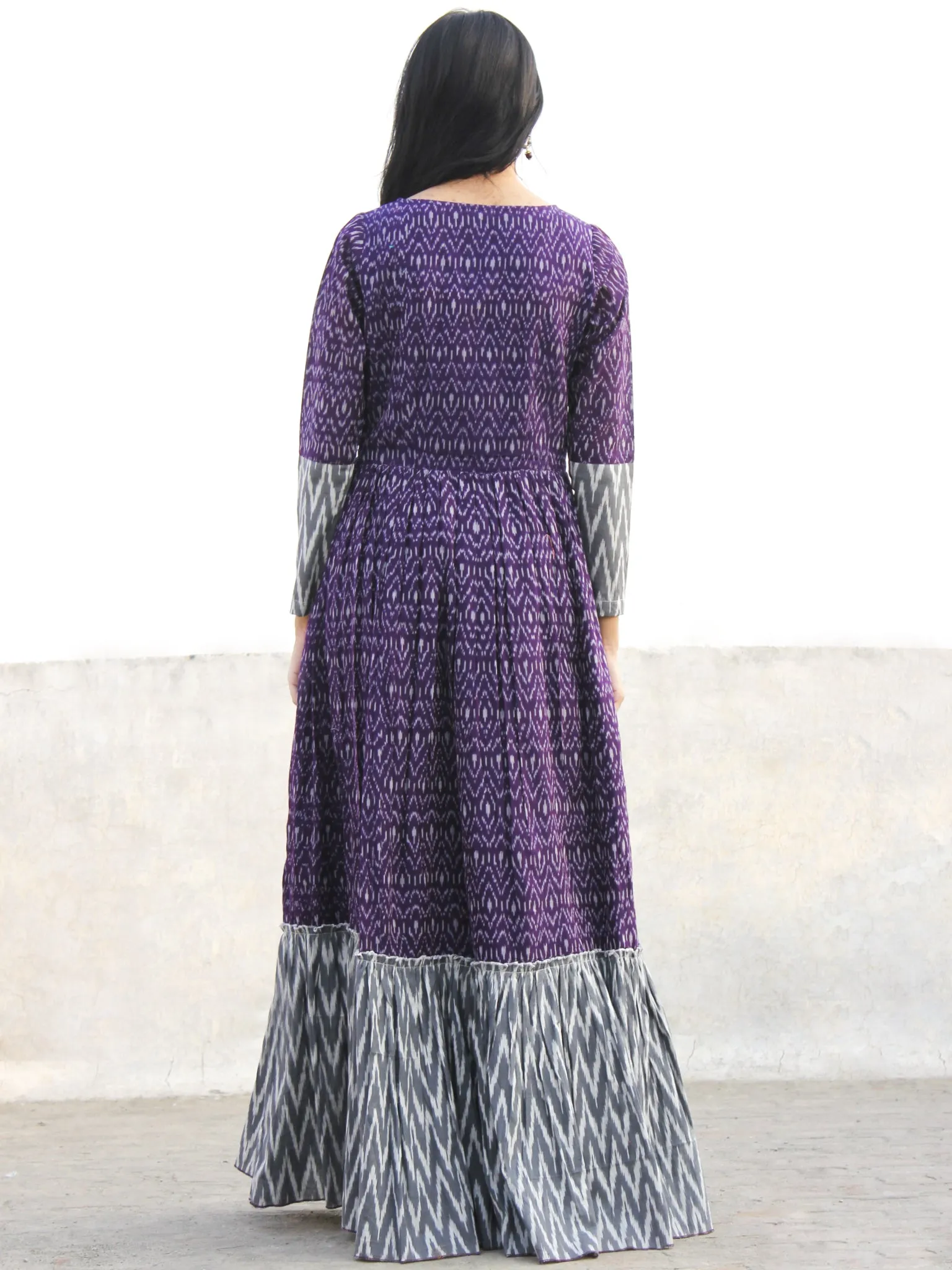 Violet Grey Ivory Hand Woven Cotton Mercerized  Ikat Tier Dress - D175F840