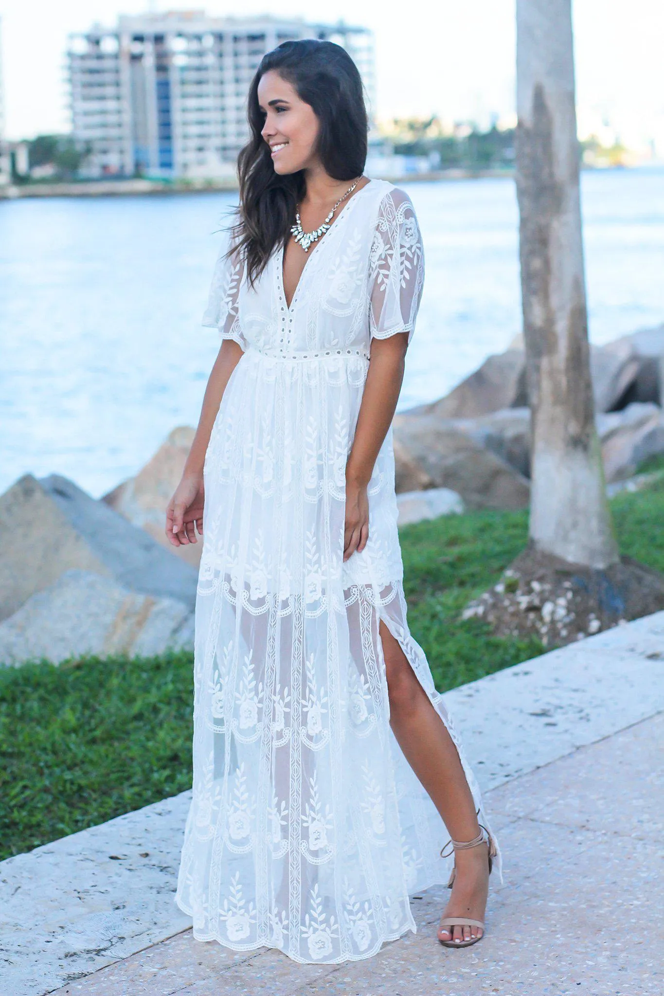 White Lace Embroidered Maxi Dress
