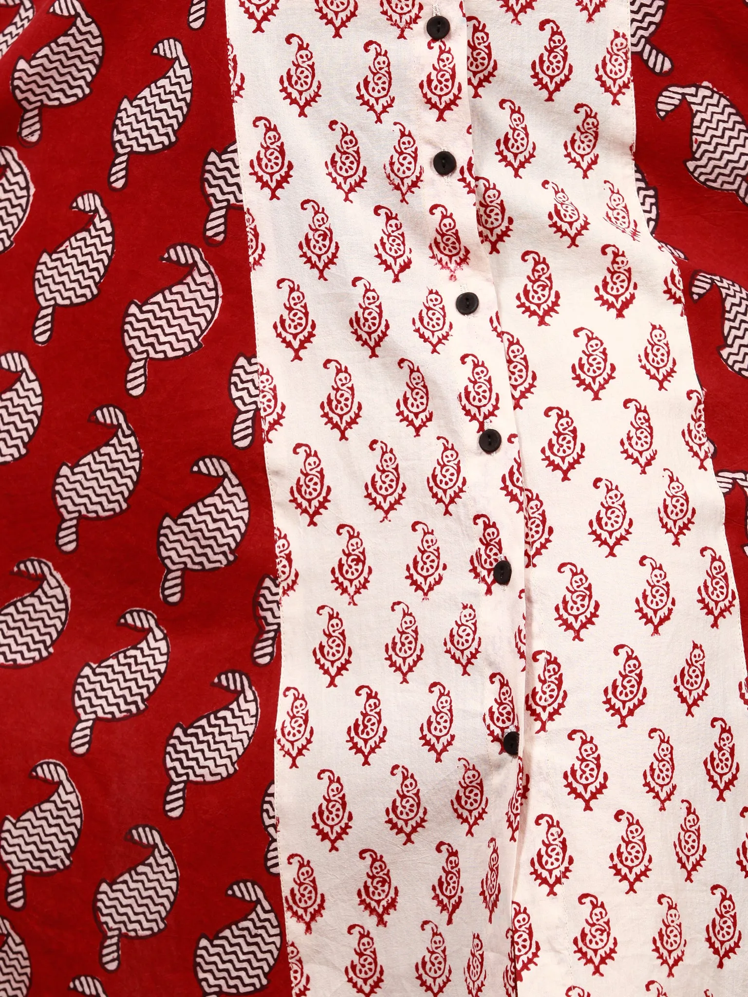 White Red Black Bagh Printed Panelled Cotton Long Dress With Front Open - D293F1719