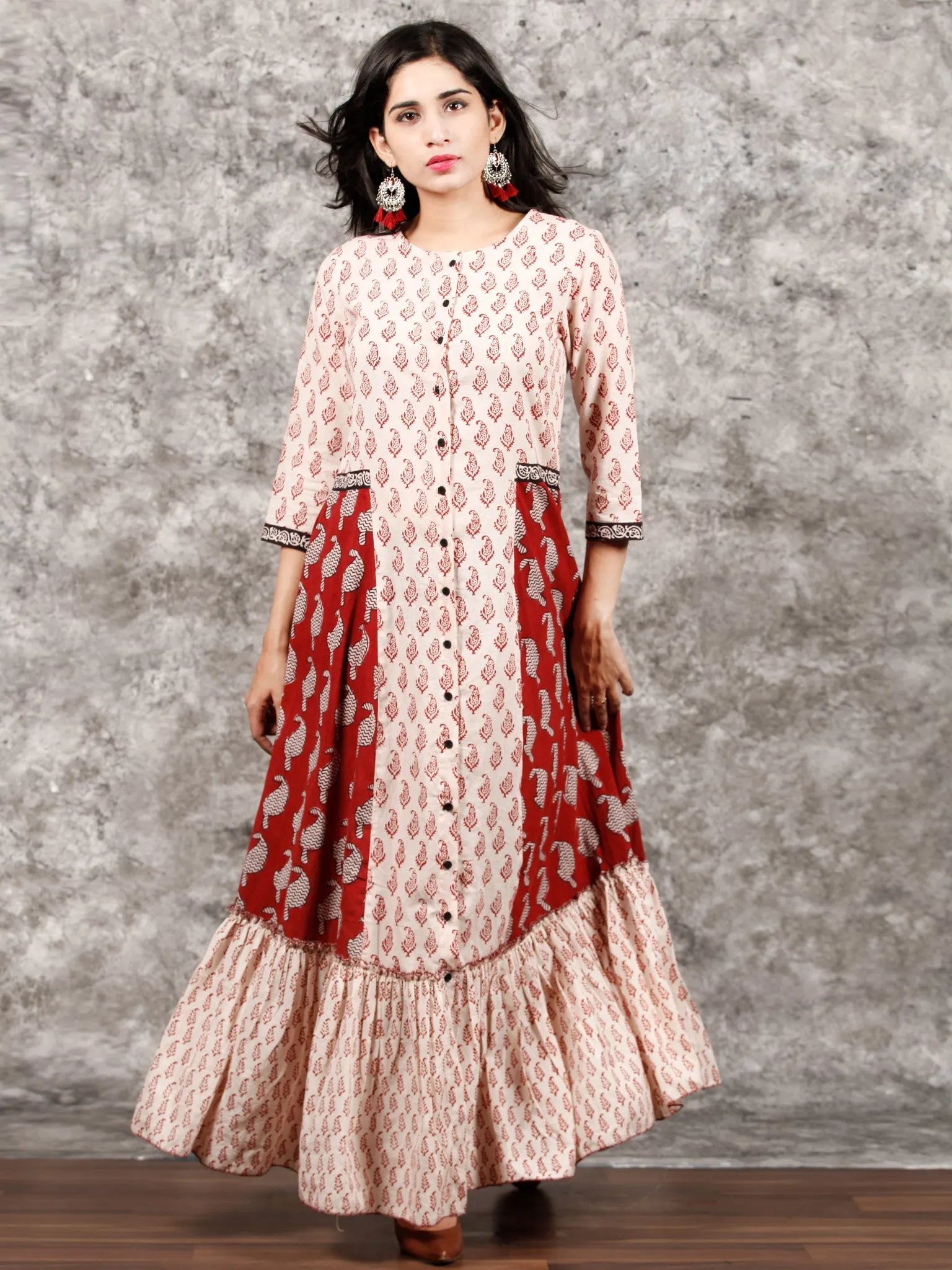 White Red Black Bagh Printed Panelled Cotton Long Dress With Front Open - D293F1719