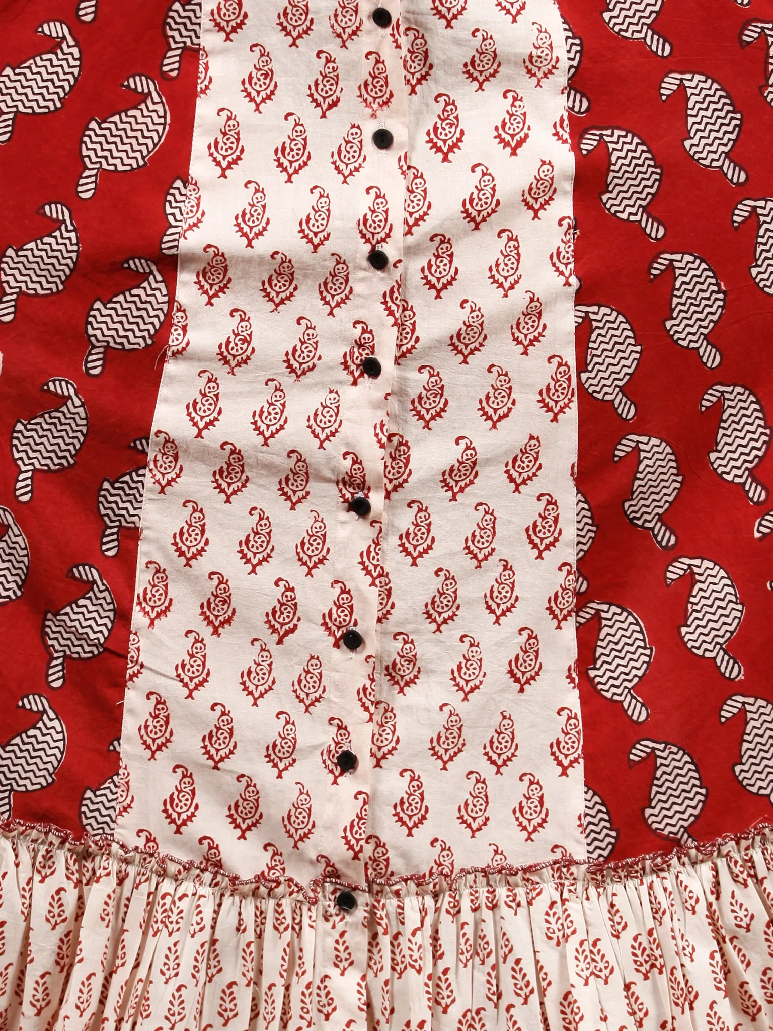 White Red Black Bagh Printed Panelled Cotton Long Dress With Front Open - D293F1719