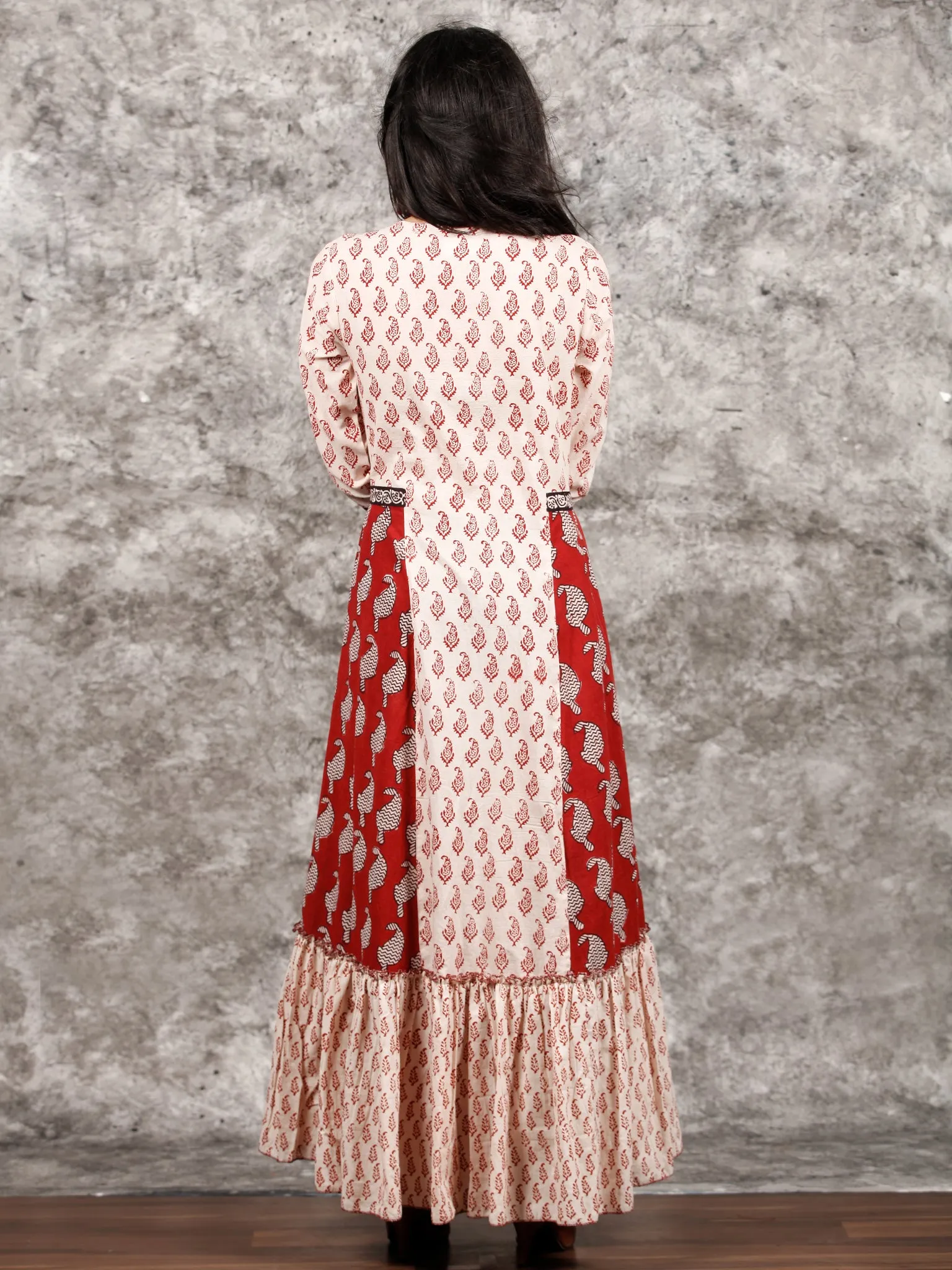 White Red Black Bagh Printed Panelled Cotton Long Dress With Front Open - D293F1719