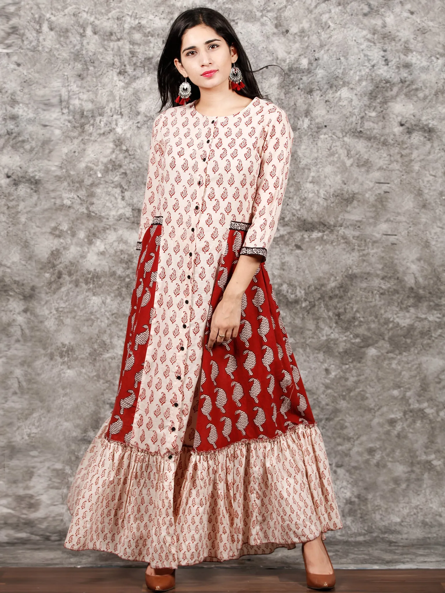 White Red Black Bagh Printed Panelled Cotton Long Dress With Front Open - D293F1719