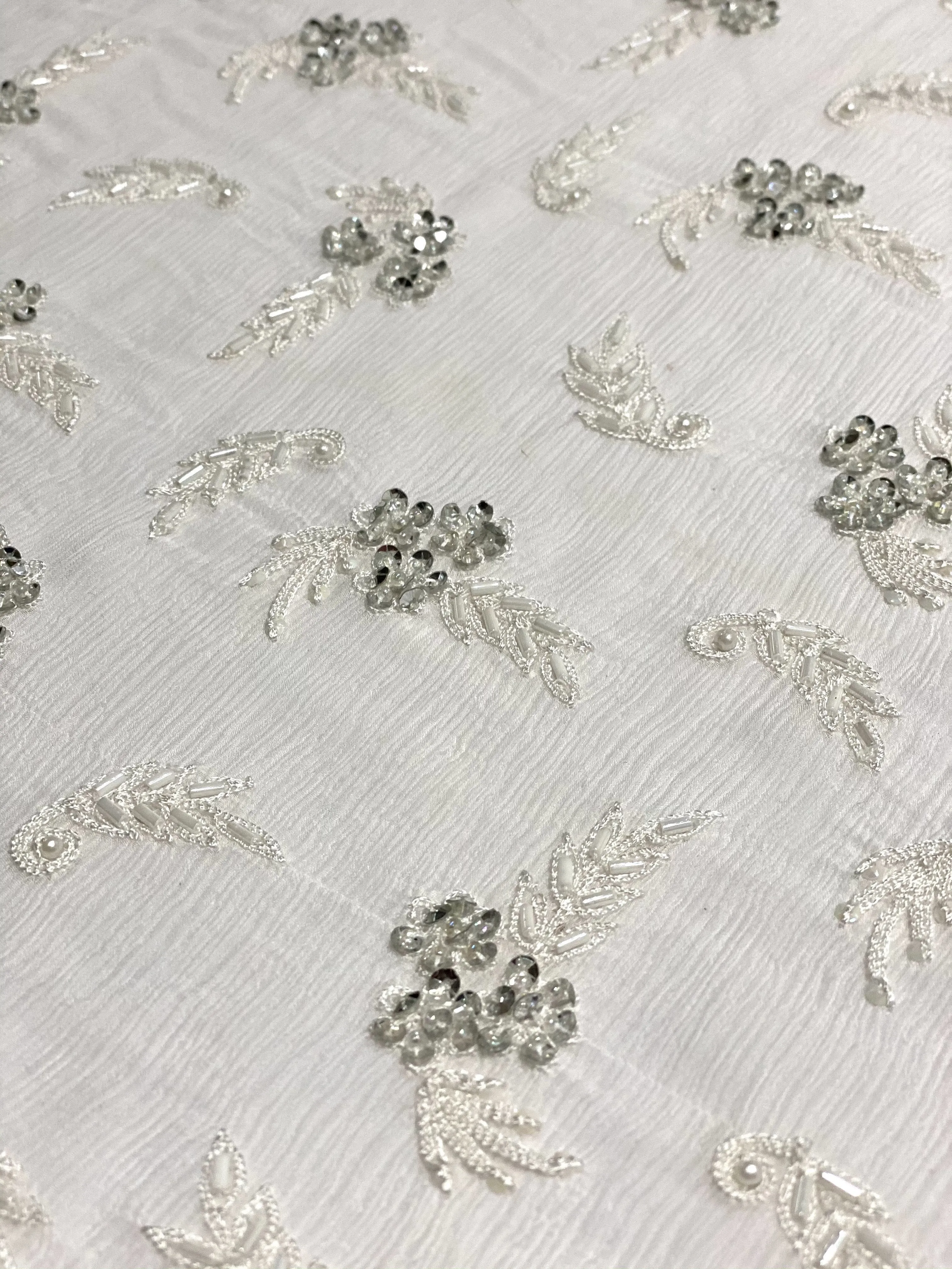 White Sequin & Beads On Silk Chiffon JEC-122-8 Fabric