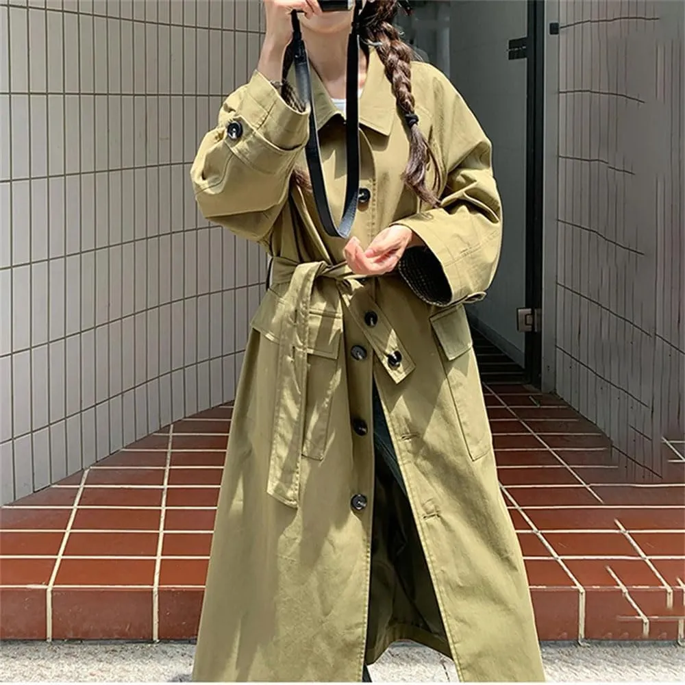 Women Silhouette Plaid Trench Coat Lapel Long Sleeves Single Breasted Coat Loose Long Jakcet