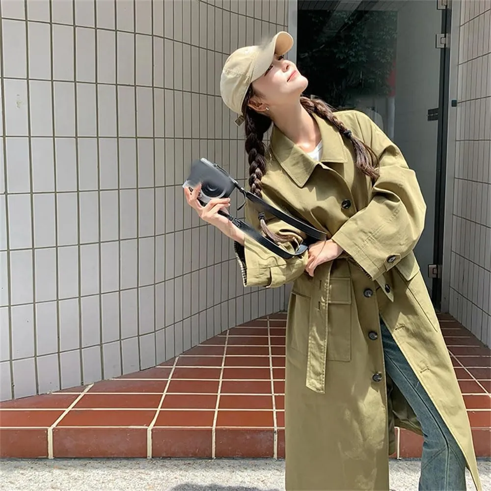 Women Silhouette Plaid Trench Coat Lapel Long Sleeves Single Breasted Coat Loose Long Jakcet