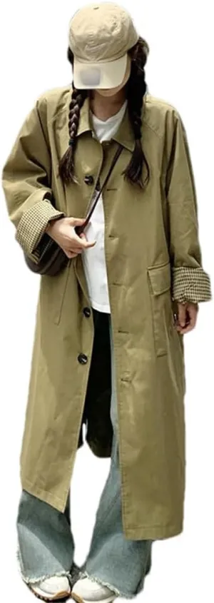 Women Silhouette Plaid Trench Coat Lapel Long Sleeves Single Breasted Coat Loose Long Jakcet