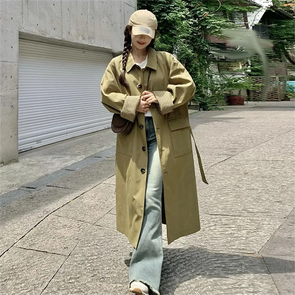Women Silhouette Plaid Trench Coat Lapel Long Sleeves Single Breasted Coat Loose Long Jakcet