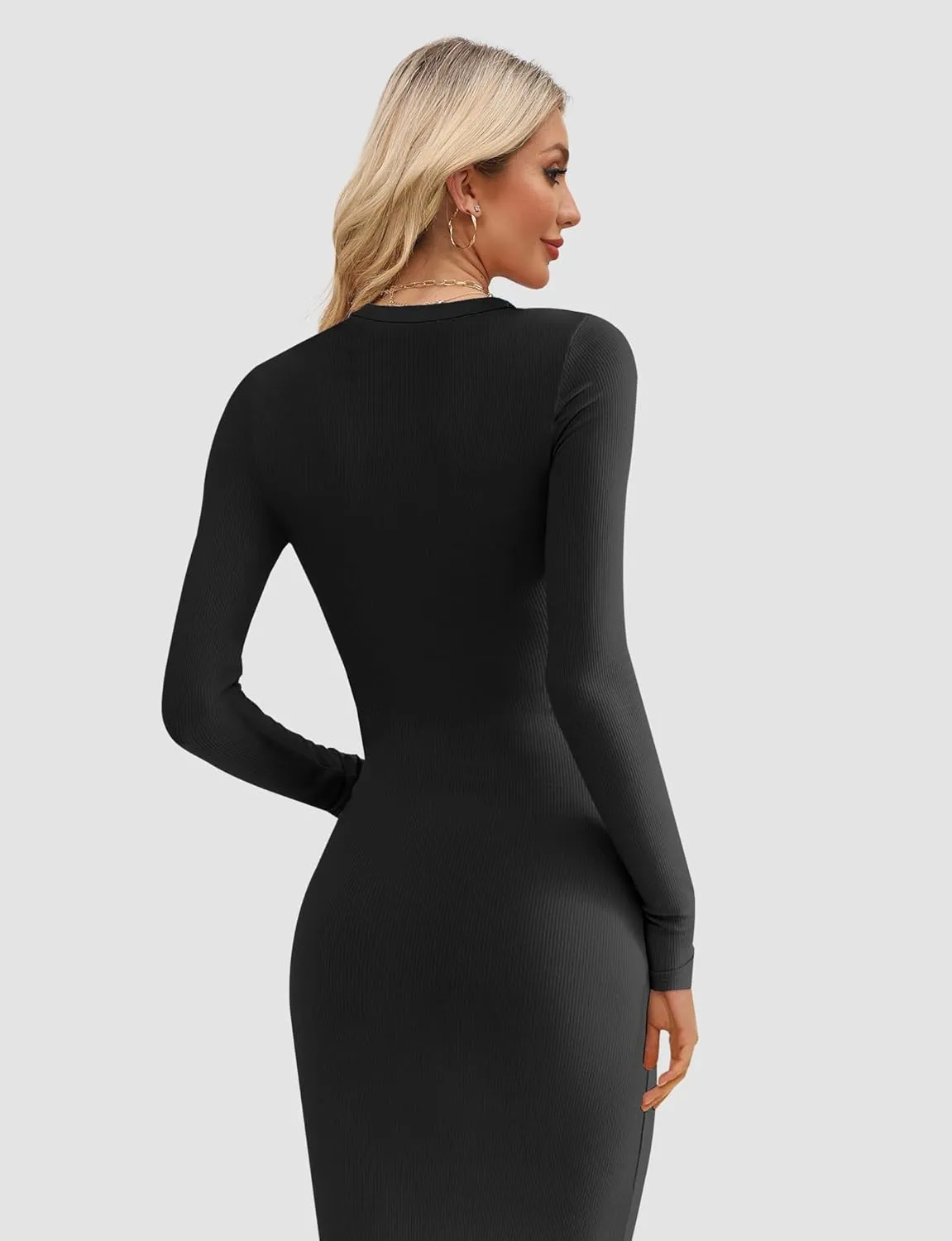 Womens Bodycon Maxi Dresses Sexy Crew Neck Dresses Long Sleeve Ribbed Black Dress Elegant Lounge Fall Long Dresses