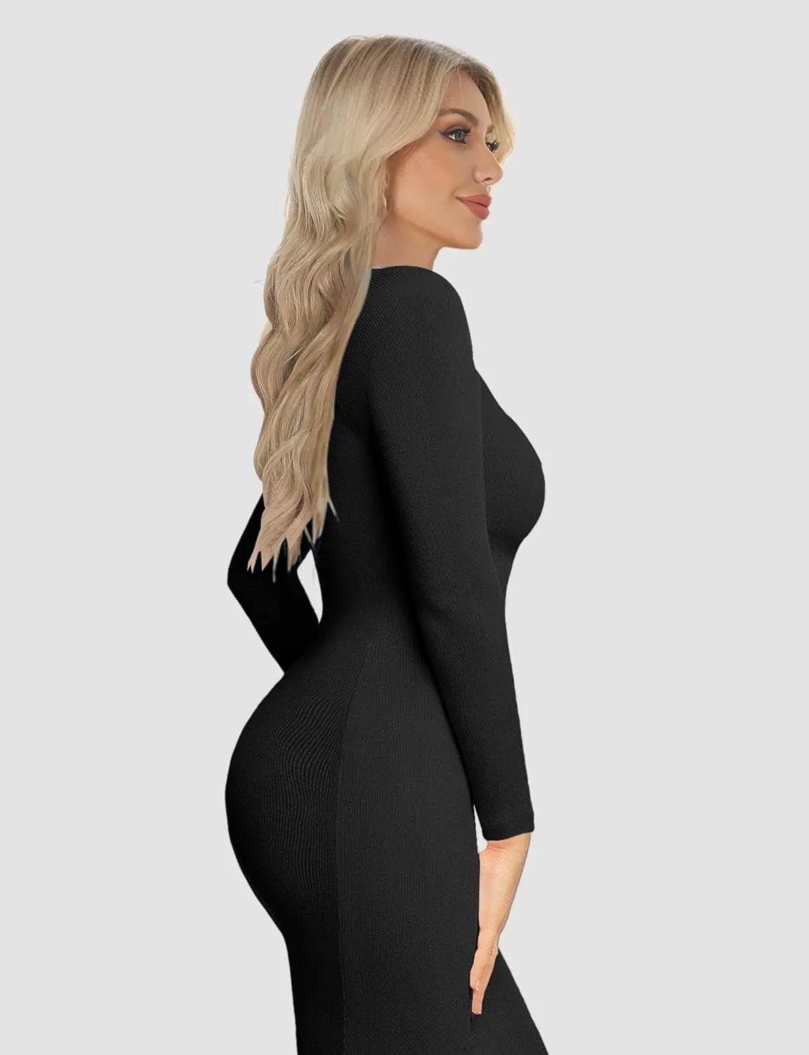Womens Bodycon Maxi Dresses Sexy Crew Neck Dresses Long Sleeve Ribbed Black Dress Elegant Lounge Fall Long Dresses