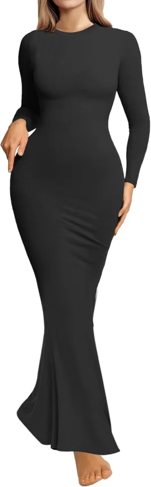 Womens Bodycon Maxi Dresses Sexy Crew Neck Dresses Long Sleeve Ribbed Black Dress Elegant Lounge Fall Long Dresses
