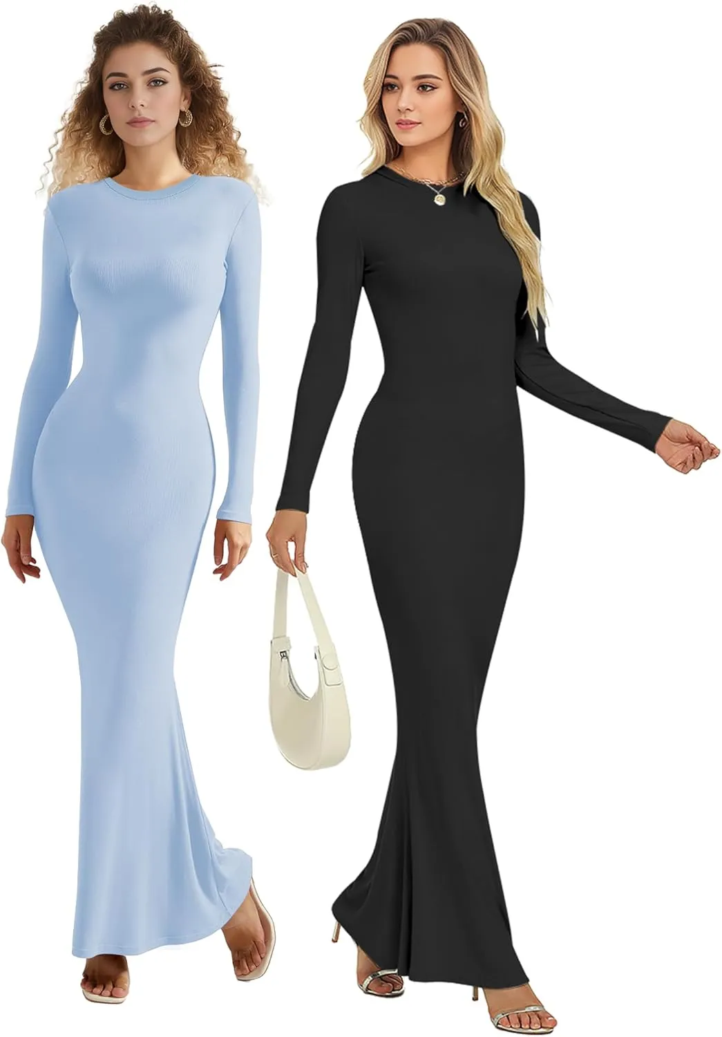 Womens Bodycon Maxi Dresses Sexy Crew Neck Dresses Long Sleeve Ribbed Black Dress Elegant Lounge Fall Long Dresses
