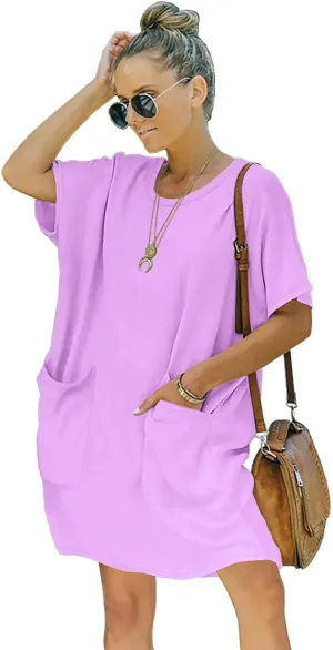 Women’s Casual Summer T Shirt Dress Elastic Loose Short Sleeve Dress with Pocket for Women