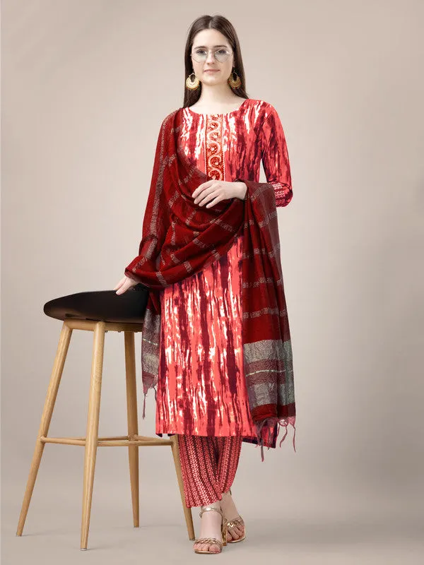 Womens Embroidered & Printed Orange Rayon Kurta Pant Set