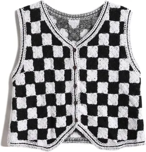 Women's Front Button V-Neck Sleeveless Crochet Embroidered Knitted Sweater Short Vest