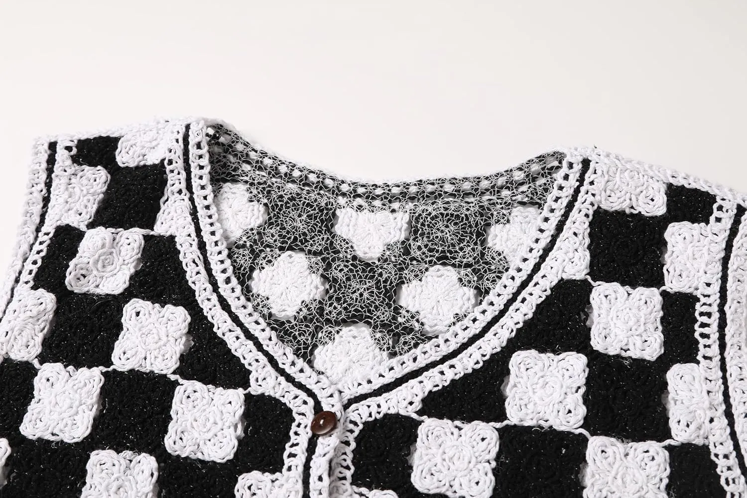 Women's Front Button V-Neck Sleeveless Crochet Embroidered Knitted Sweater Short Vest