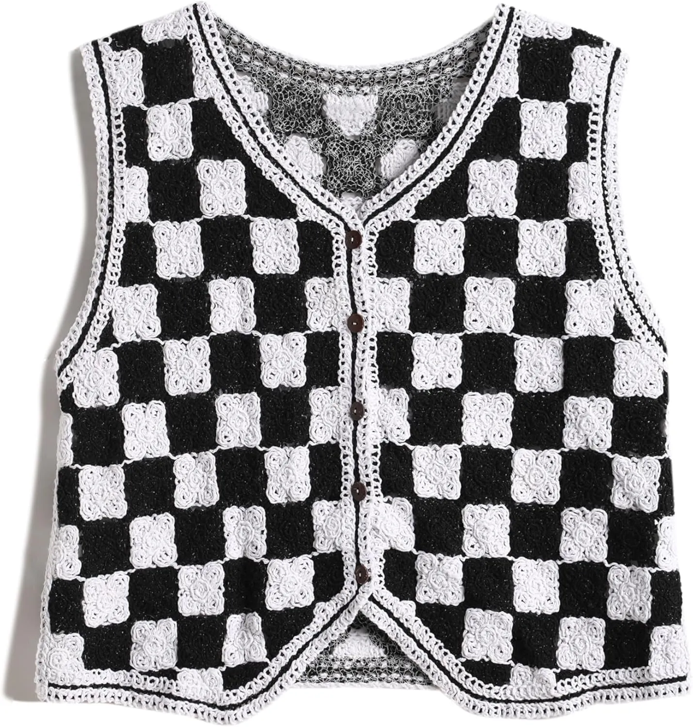 Women's Front Button V-Neck Sleeveless Crochet Embroidered Knitted Sweater Short Vest