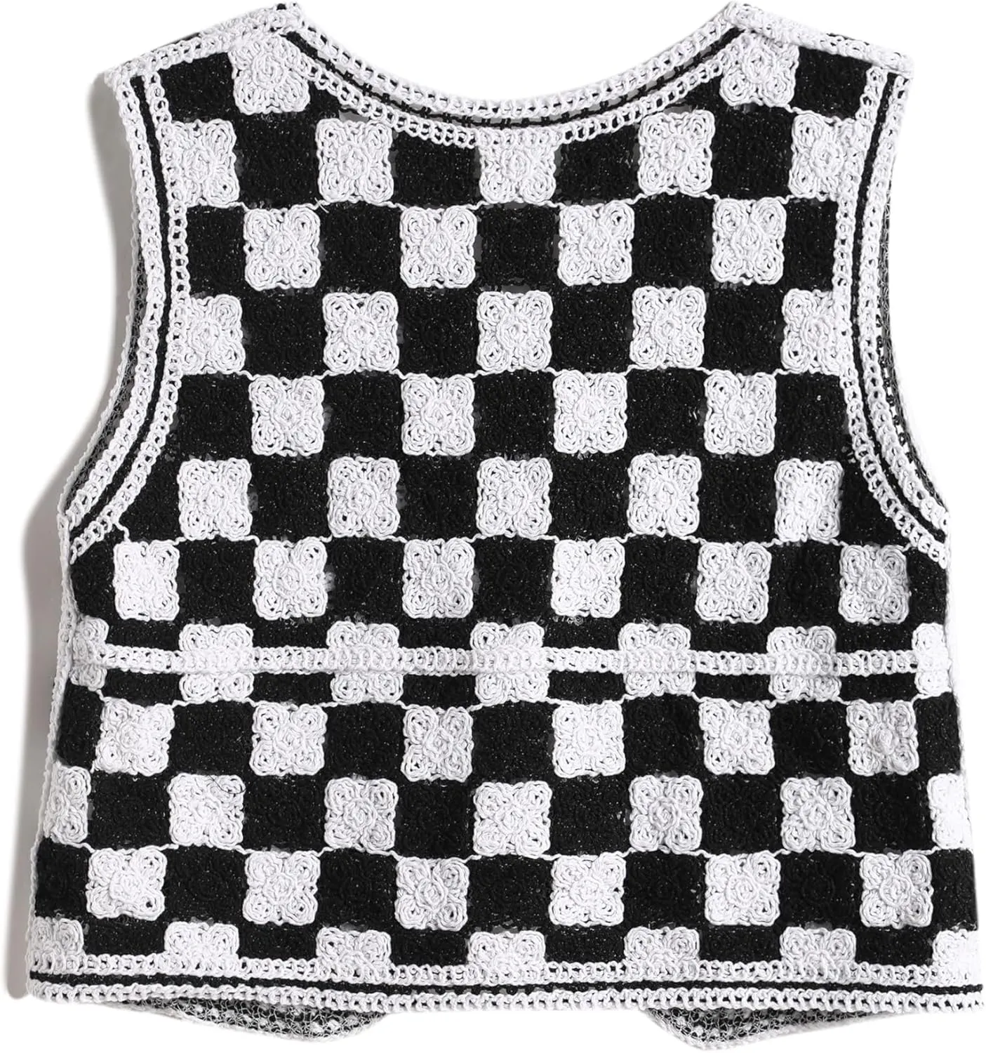 Women's Front Button V-Neck Sleeveless Crochet Embroidered Knitted Sweater Short Vest
